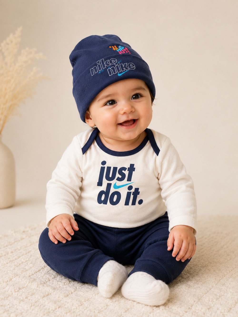 Nike • NWT Cream & Navy Baby Top 'Just Do It' Logo and matching hat